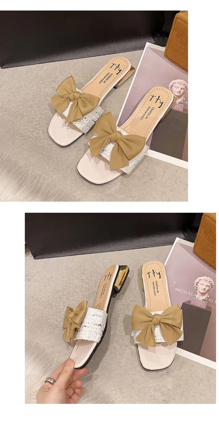 Women Square Toe Bow Low Heel Flip Flops Summer — feature 15
