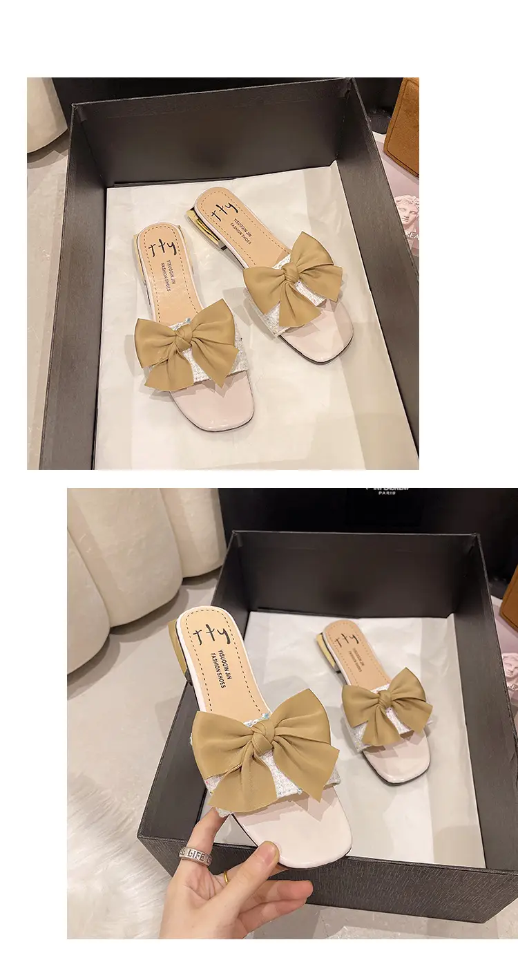 Women Square Toe Bow Low Heel Flip Flops Summer — feature 16