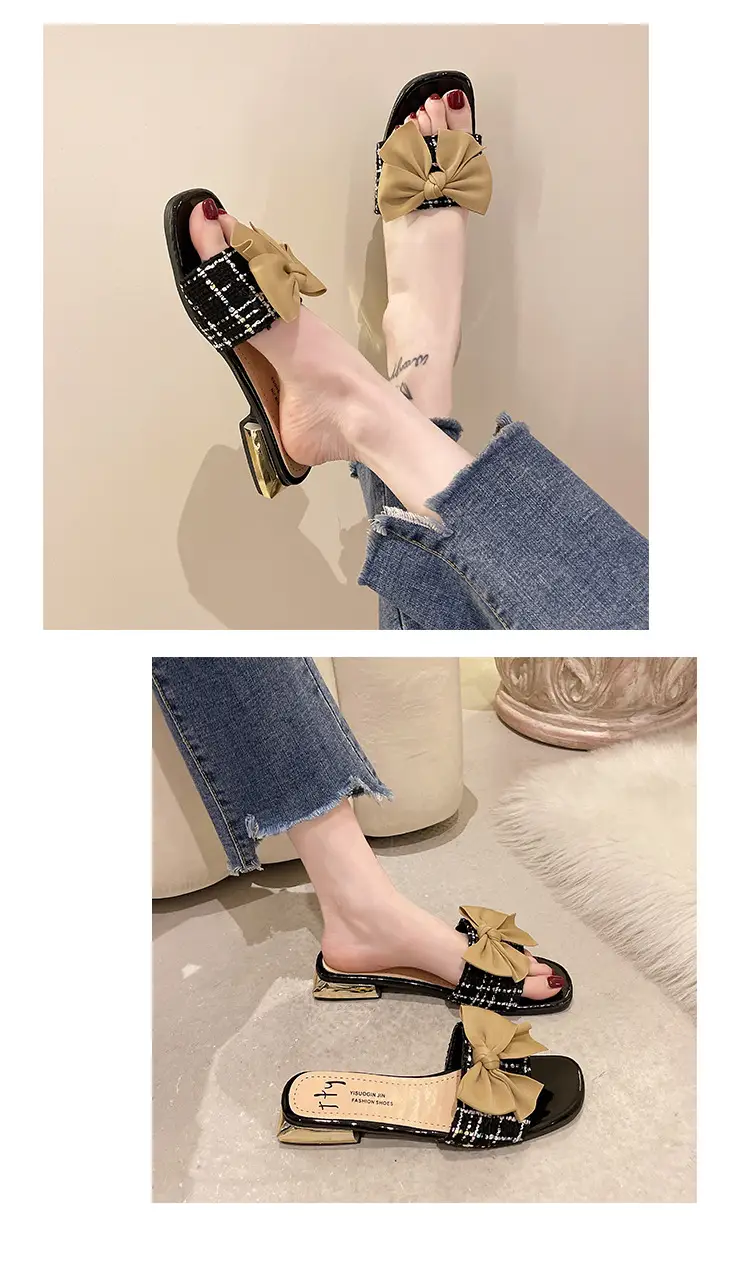 Women Square Toe Bow Low Heel Flip Flops Summer — feature 5