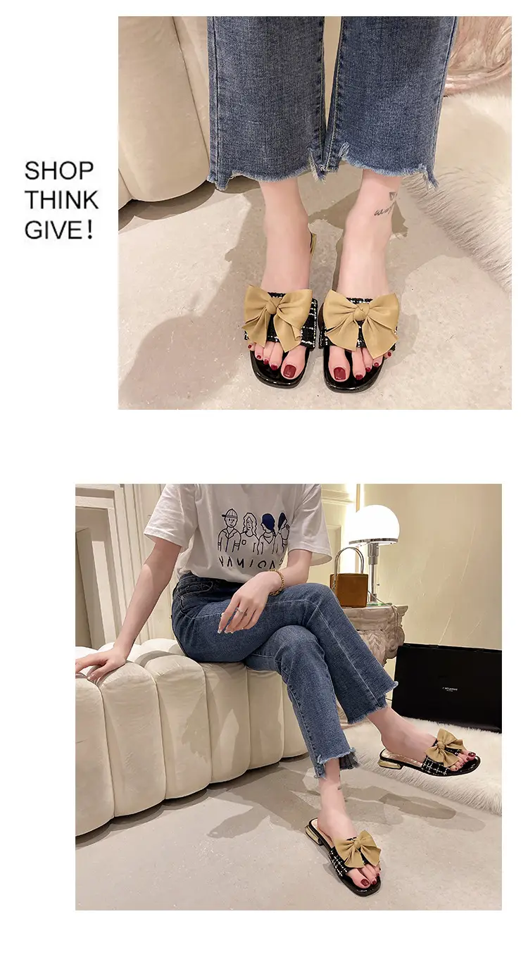 Women Square Toe Bow Low Heel Flip Flops Summer — feature 6