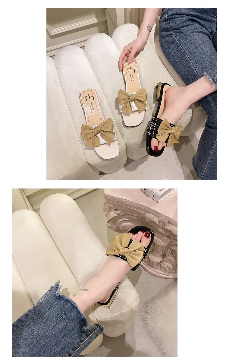 Women Square Toe Bow Low Heel Flip Flops Summer — feature 7
