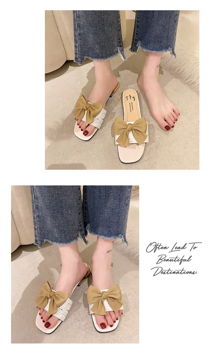 Women Square Toe Bow Low Heel Flip Flops Summer — feature 8