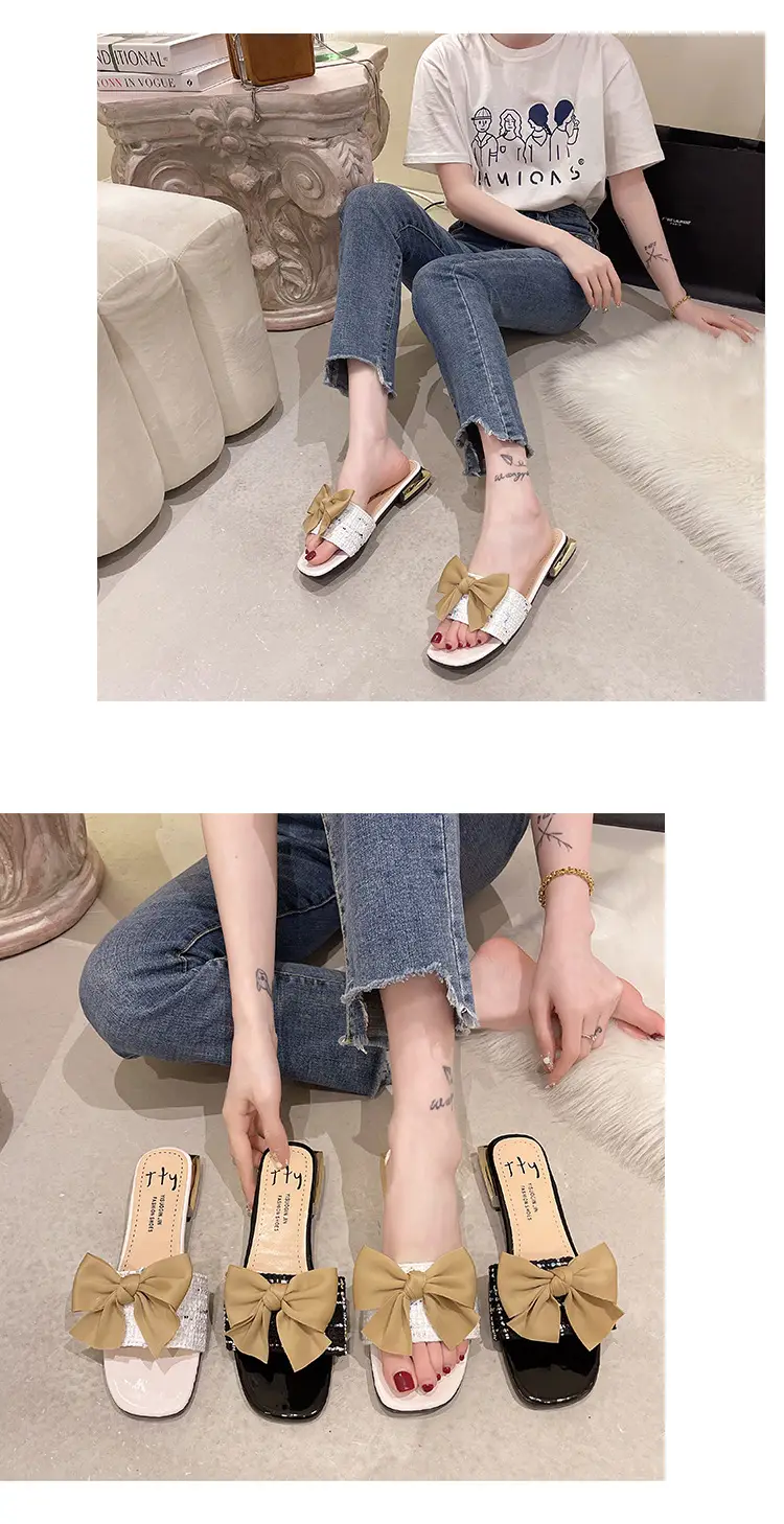 Women Square Toe Bow Low Heel Flip Flops Summer — feature 9