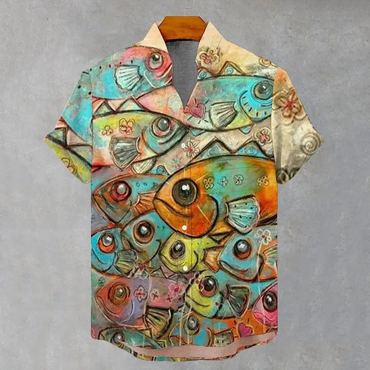 3D Digital Printed Fish Art Short Sleeve Collar T-Shirt - Image 21