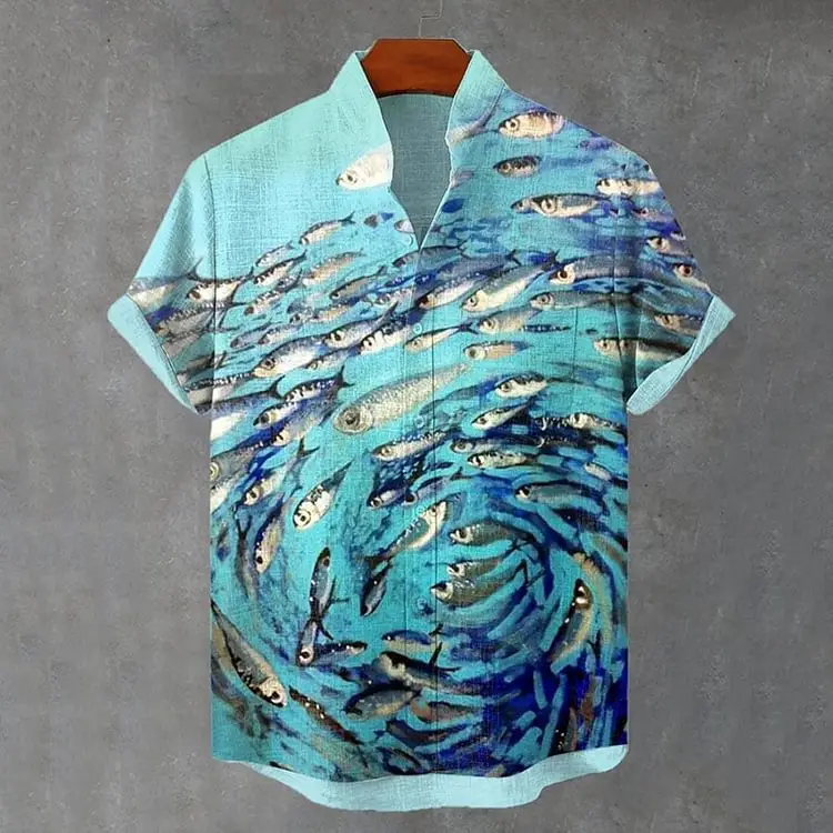 3D Digital Printed Fish Art Short Sleeve Collar T-Shirt - Image 23