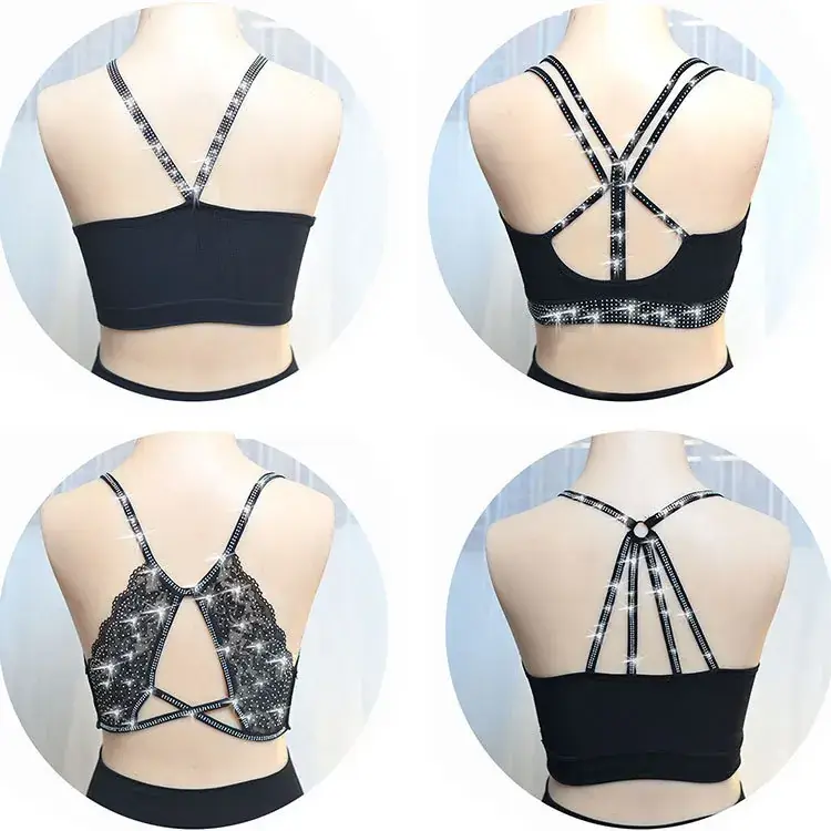Women's Black Rhinestone Backless Bra with Chest Pad