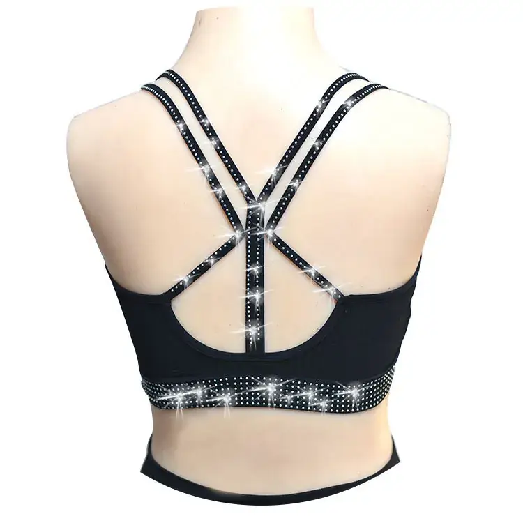 Women's Black Rhinestone Backless Bra with Chest Pad
