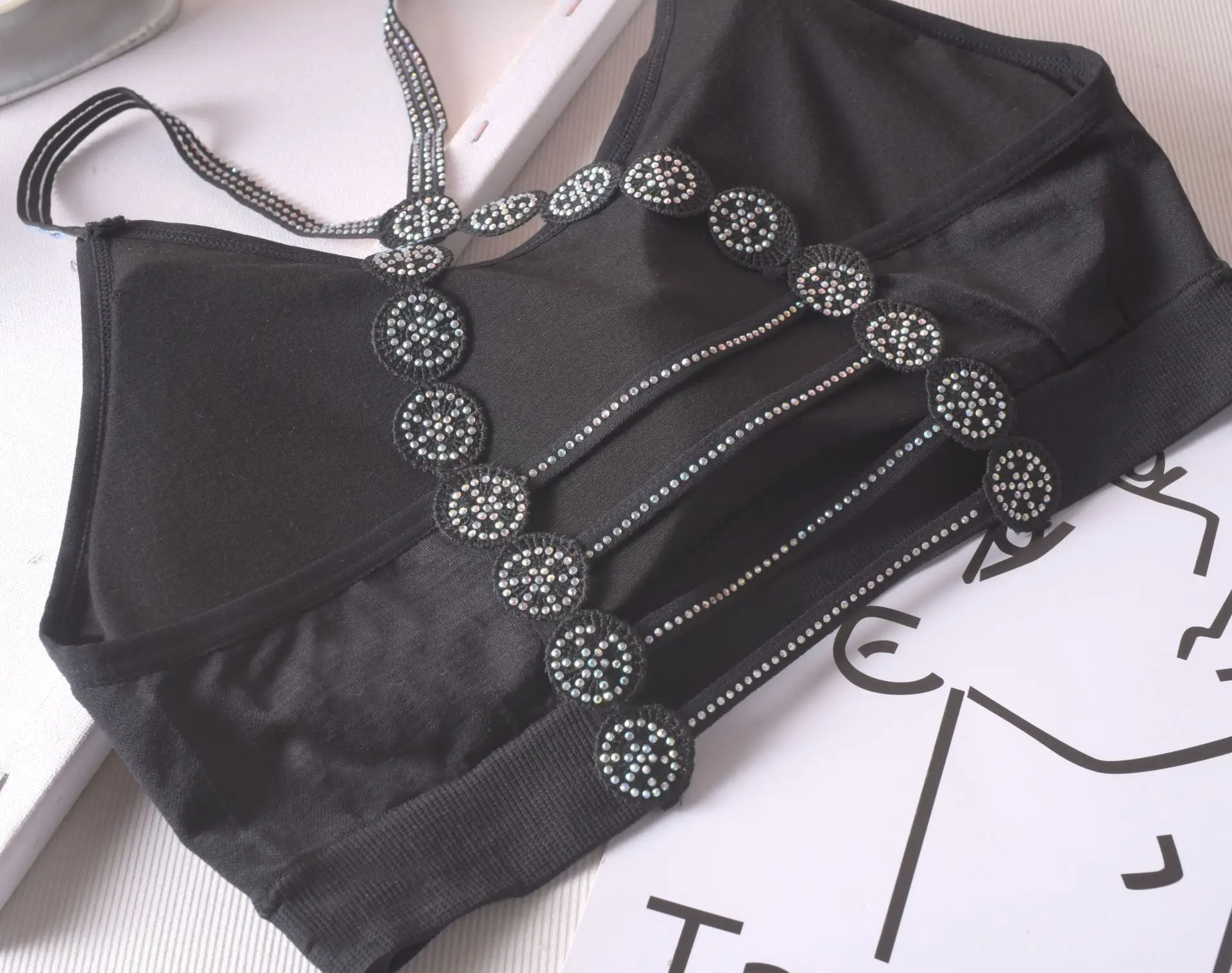 Women's Black Rhinestone Backless Bra with Chest Pad — feature 11