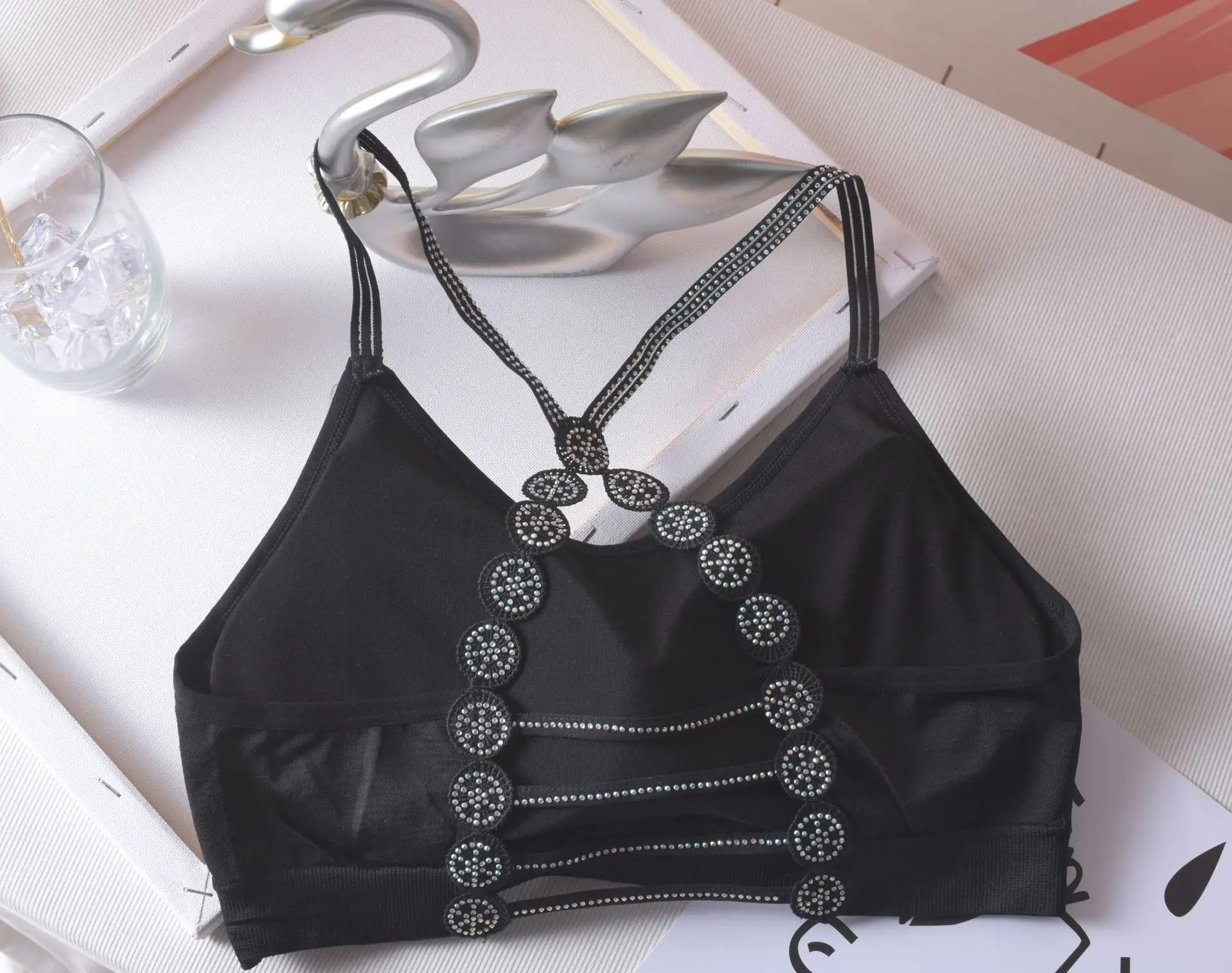 Women's Black Rhinestone Backless Bra with Chest Pad — feature 12