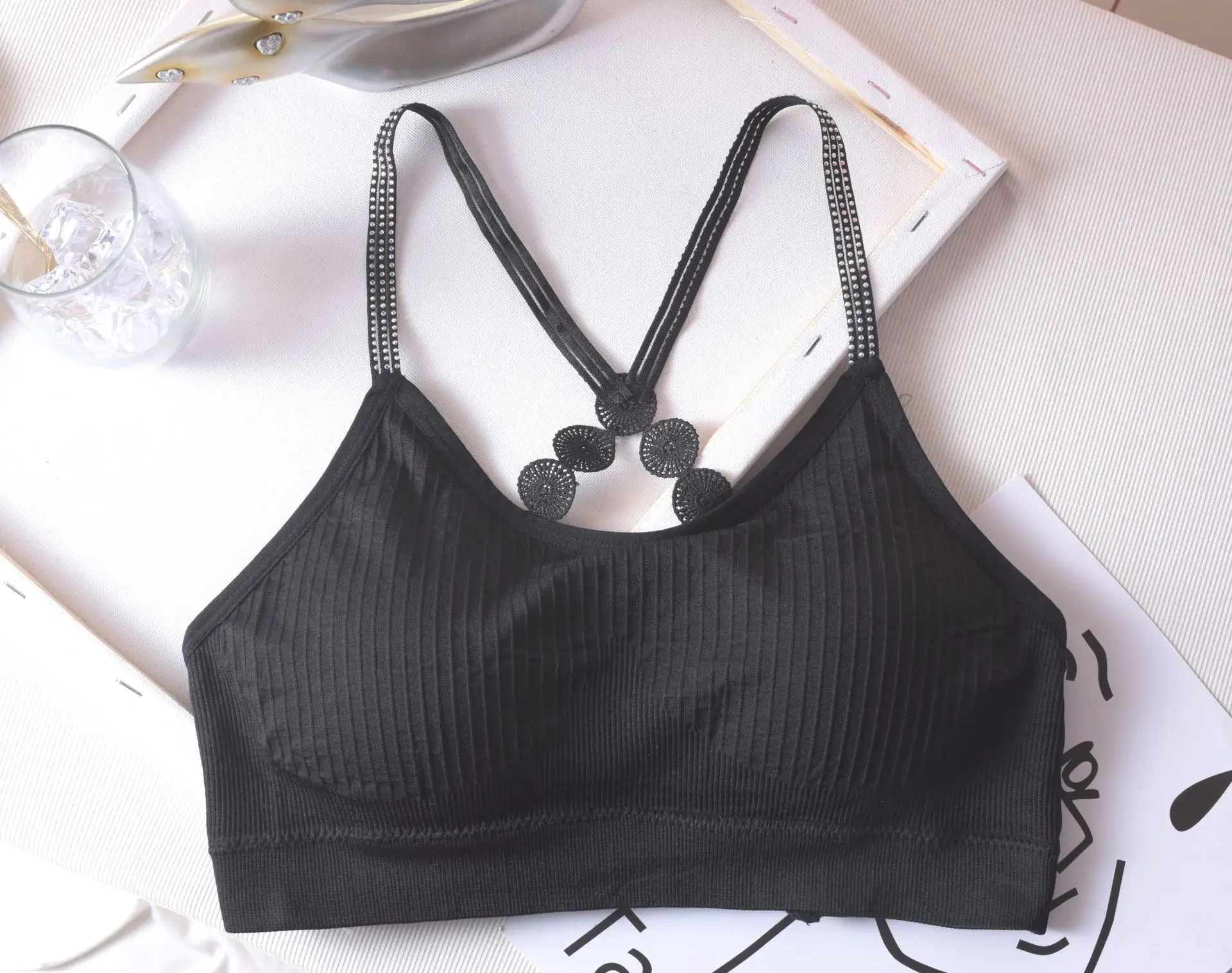 Women's Black Rhinestone Backless Bra with Chest Pad — feature 13