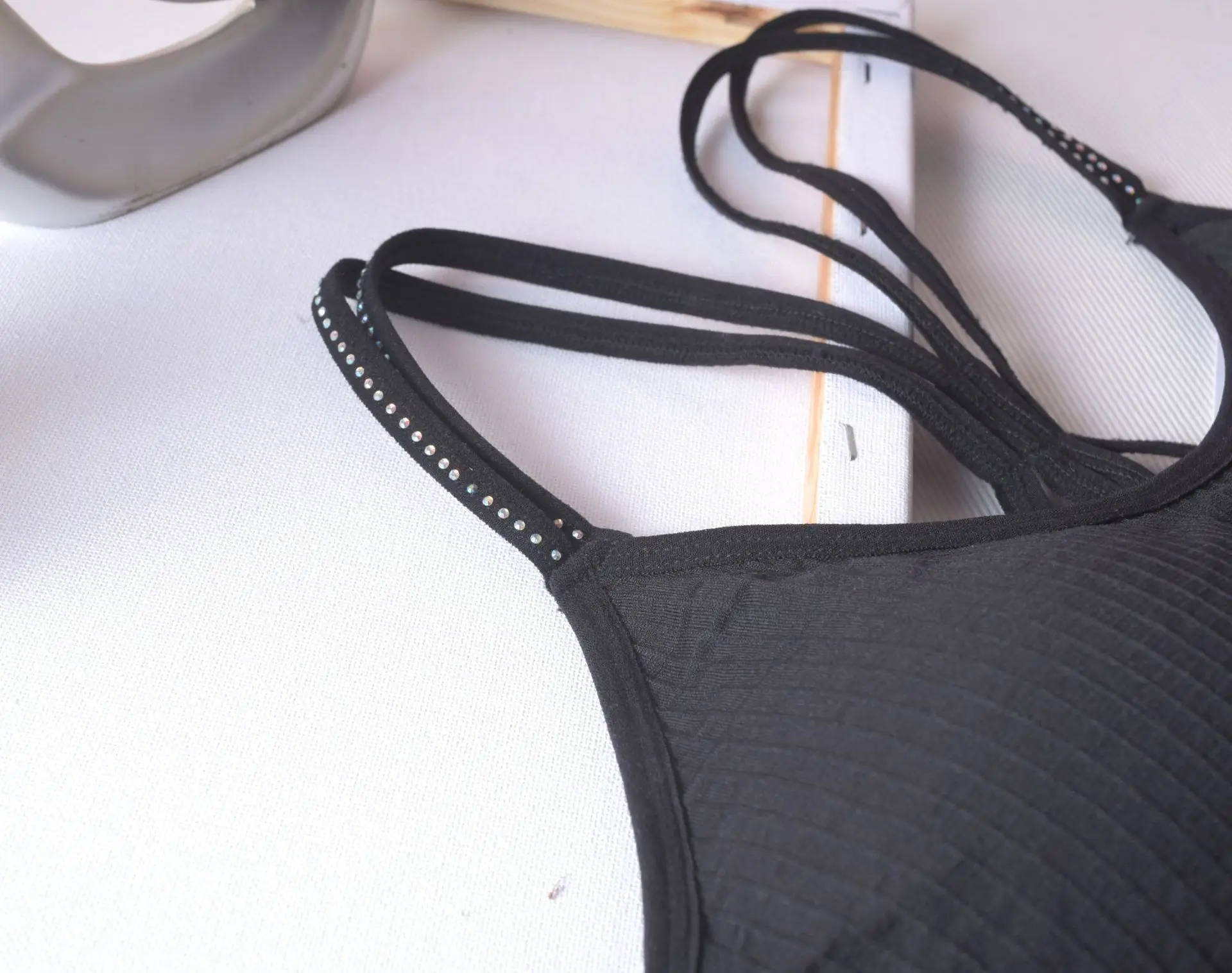 Women's Black Rhinestone Backless Bra with Chest Pad — feature 14