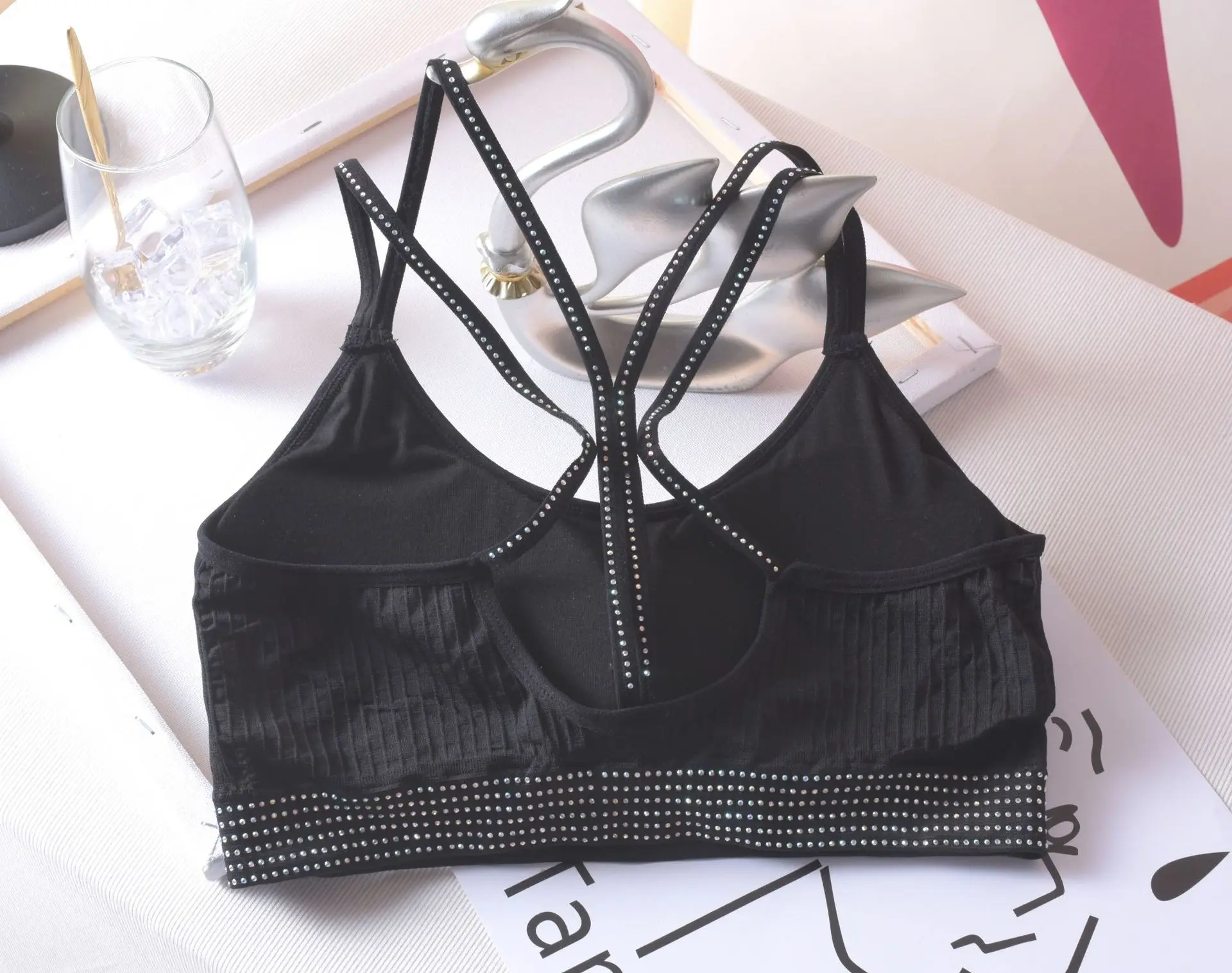Women's Black Rhinestone Backless Bra with Chest Pad — feature 16