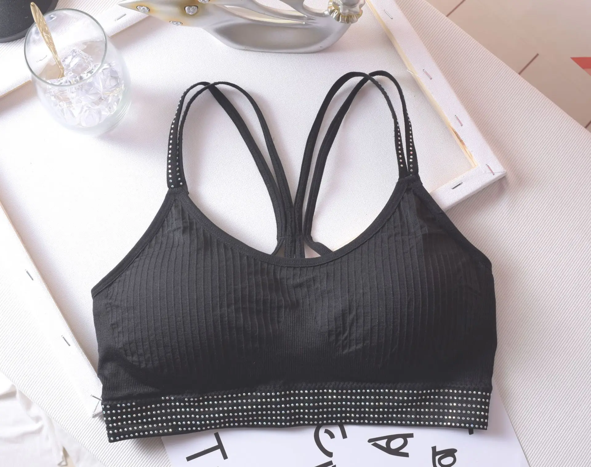 Women's Black Rhinestone Backless Bra with Chest Pad — feature 17