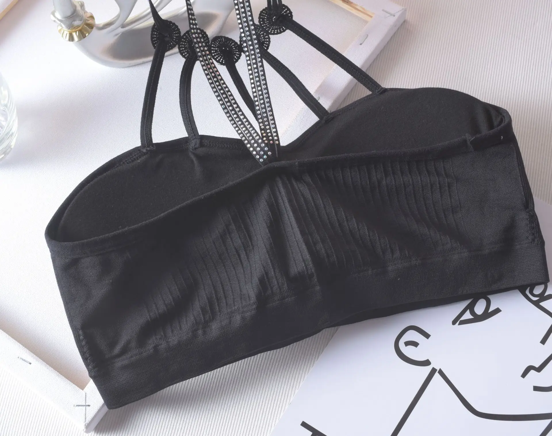 Women's Black Rhinestone Backless Bra with Chest Pad — feature 6