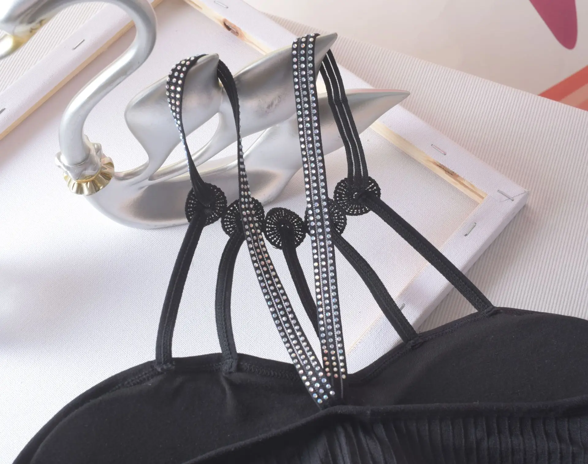 Women's Black Rhinestone Backless Bra with Chest Pad — feature 7