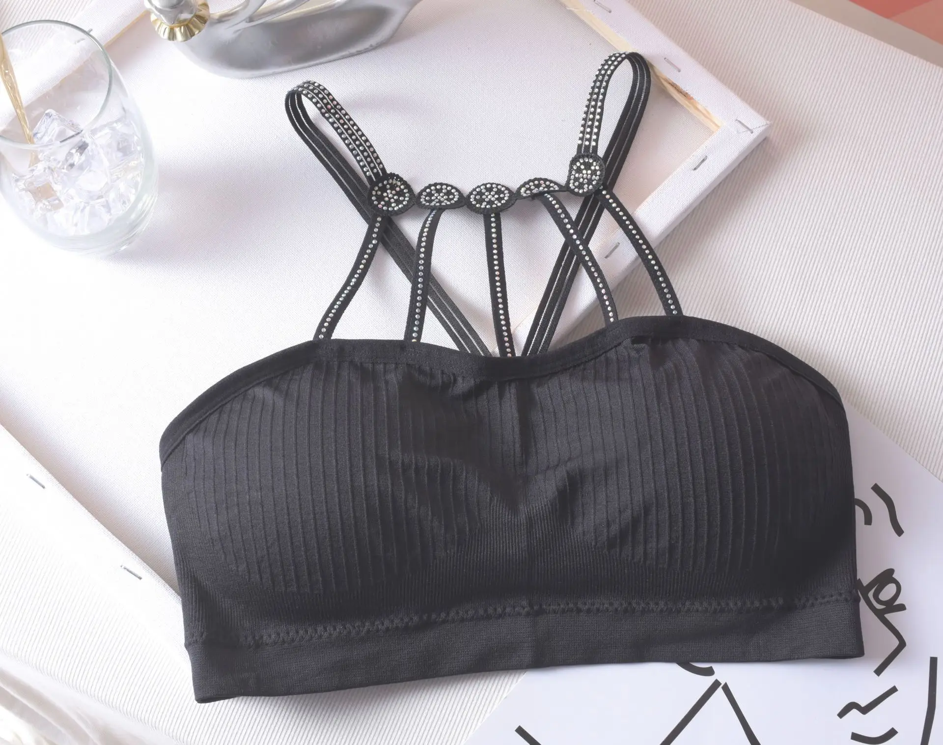 Women's Black Rhinestone Backless Bra with Chest Pad — feature 8