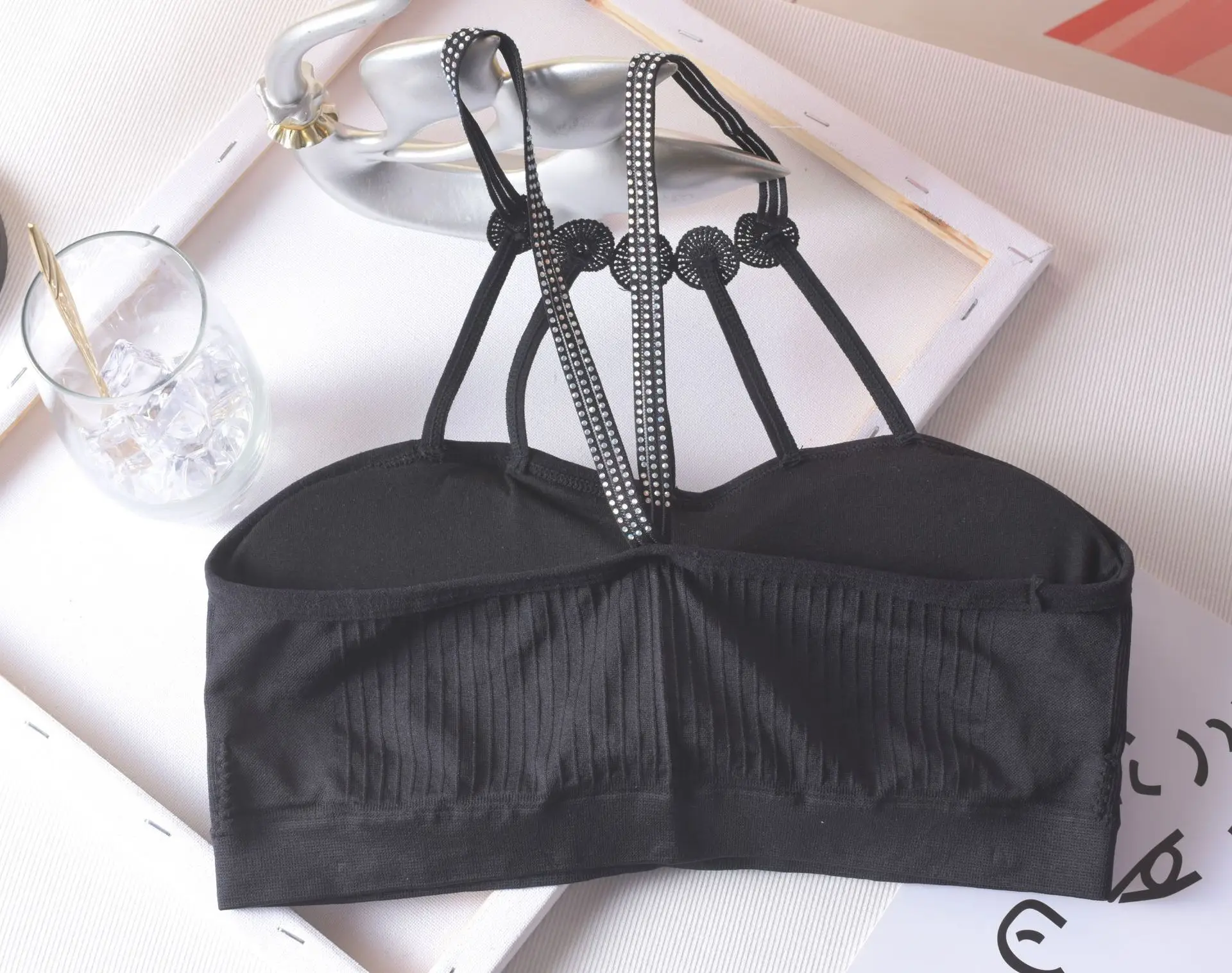 Women's Black Rhinestone Backless Bra with Chest Pad — feature 9