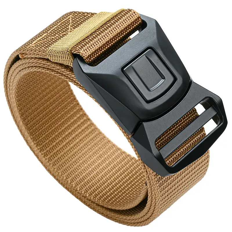 Men Tactical Nylon Belt Brown Gold Automatic Buckle - Image 5