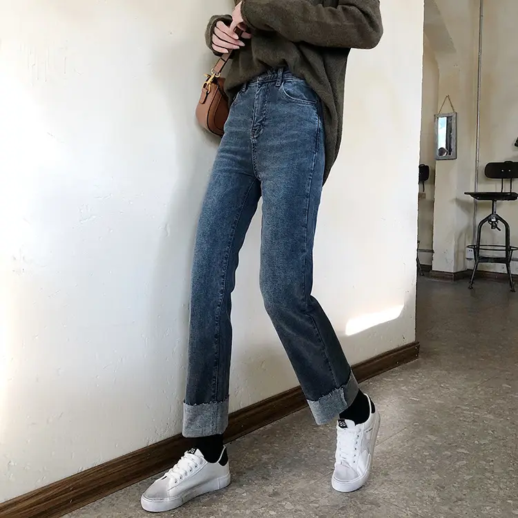 Dark Blue Cuffed Jeans Women 2026 Slimming Wide Leg Pants