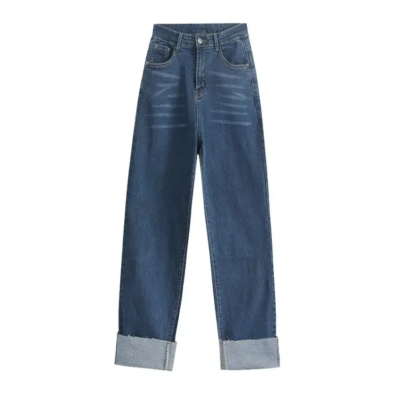 Dark Blue Cuffed Jeans Women 2026 Slimming Wide Leg Pants