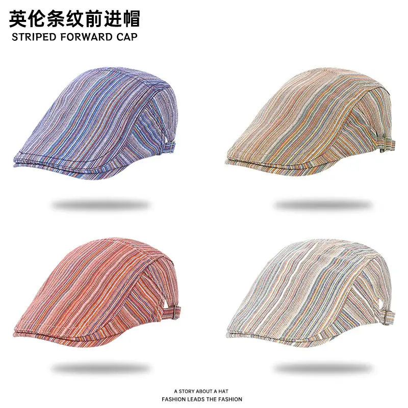 Women Striped Beret Hat Green Spring Summer Forward Cap - Image 5
