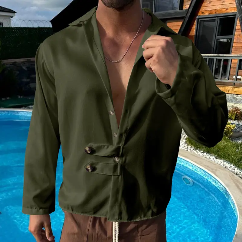 Men's Olive Green Long Sleeve Button Shirt — feature 21