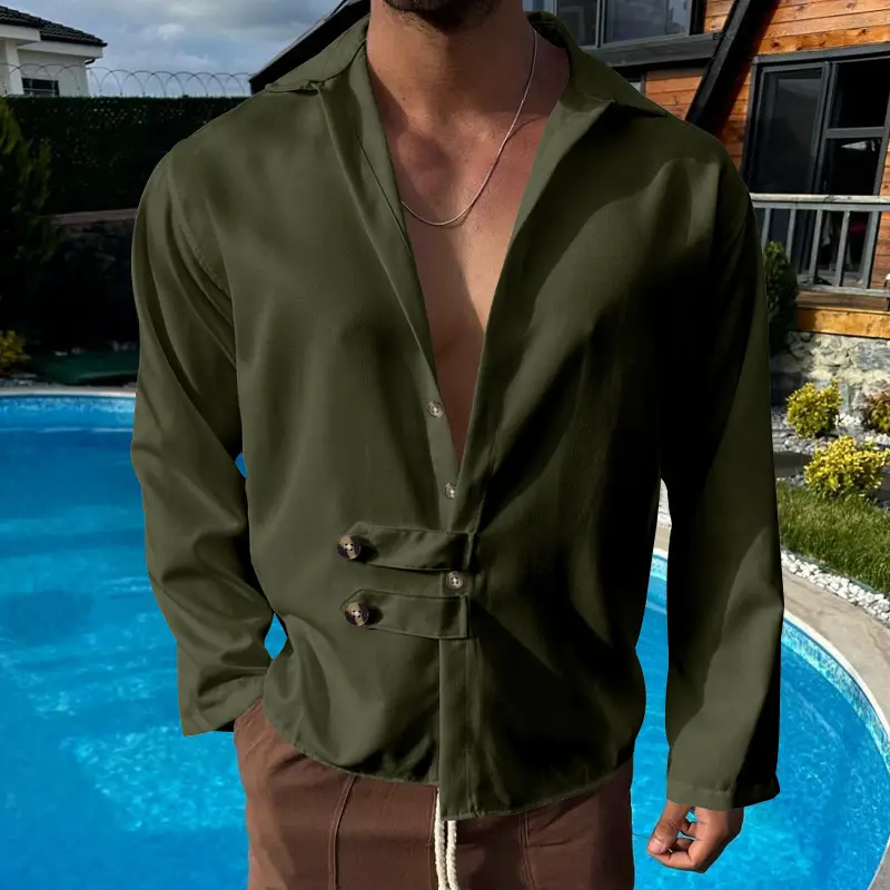 Men's Olive Green Long Sleeve Button Shirt — feature 22