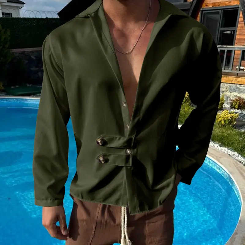Men's Olive Green Long Sleeve Button Shirt — feature 23