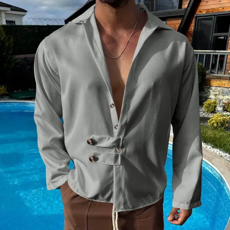 Men's Olive Green Long Sleeve Button Shirt — feature 40