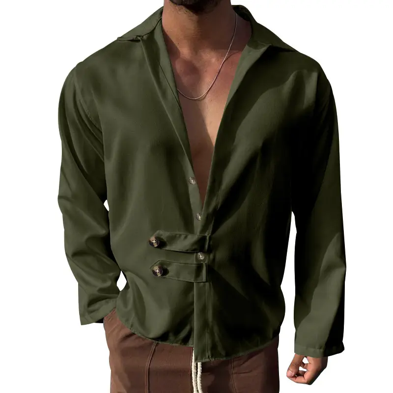 Men's Olive Green Long Sleeve Button Shirt - Image 3