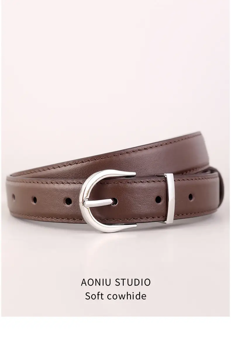 Women's Brown Leather Belt with Silver Buckle — feature 13
