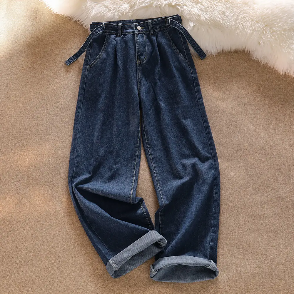 Dark Blue Wide Leg Pants Women's Loose Straight Denim