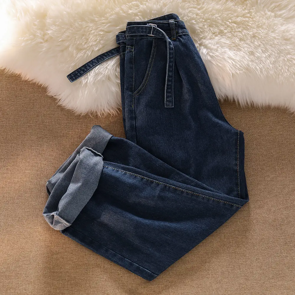 Dark Blue Wide Leg Pants Women's Loose Straight Denim