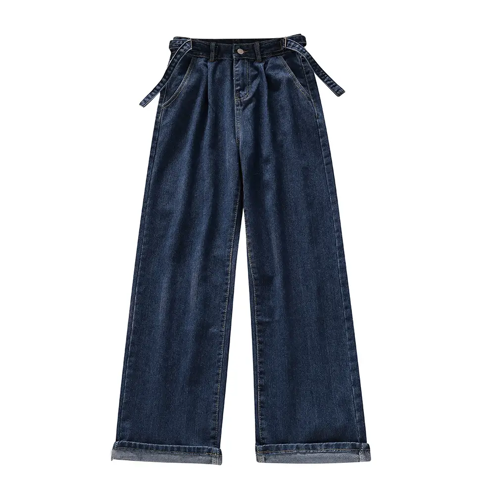 Dark Blue Wide Leg Pants Women's Loose Straight Denim