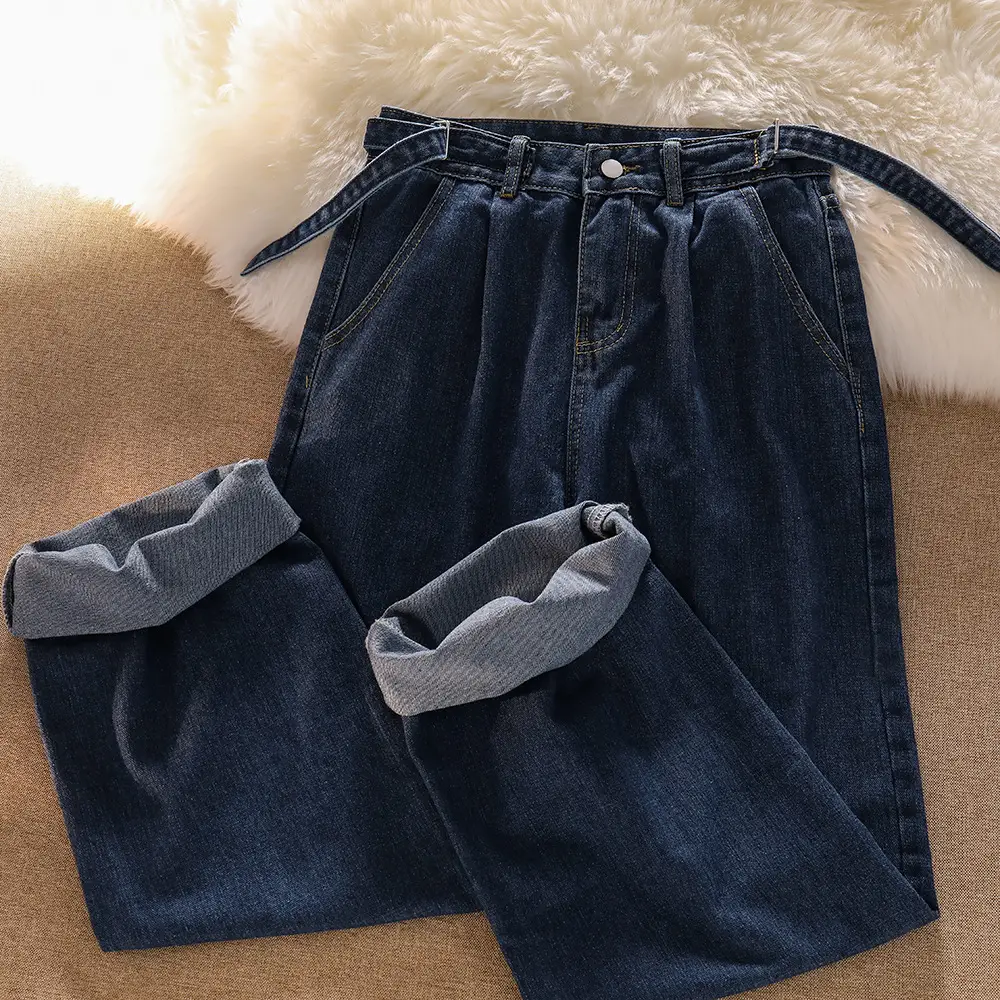 Dark Blue Wide Leg Pants Women's Loose Straight Denim — feature 3