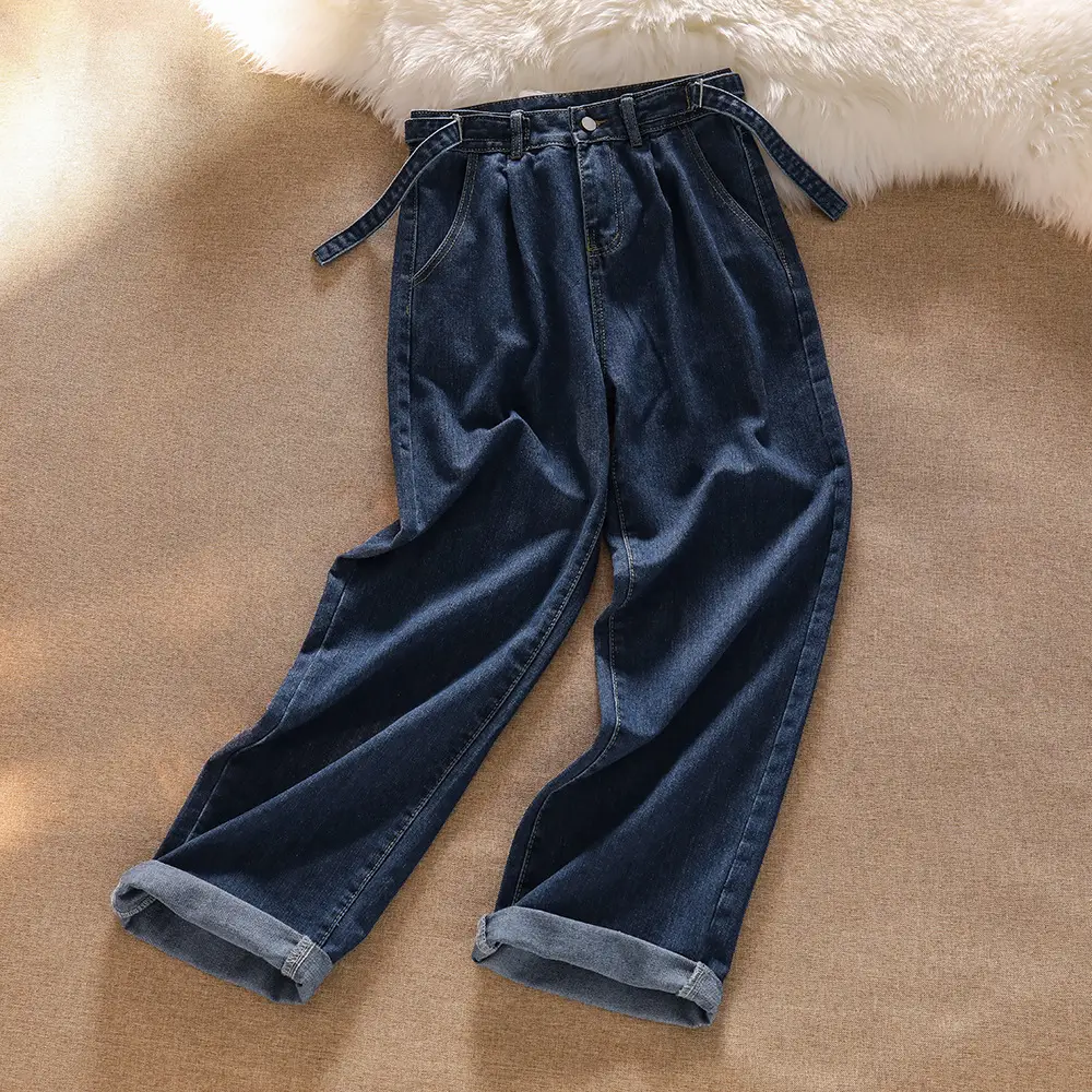 Dark Blue Wide Leg Pants Women's Loose Straight Denim — feature 4