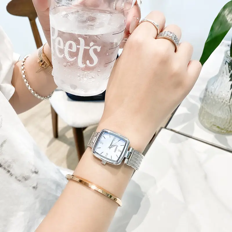 Women Square Dial Quartz Watch with Mesh Band - Image 5