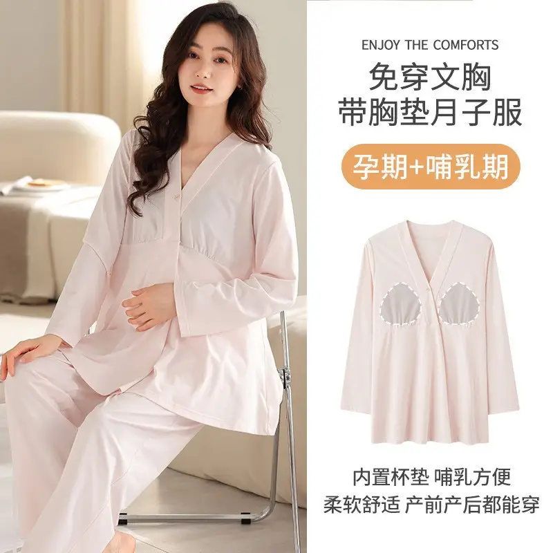 2025 New Summer Confinement Clothes with Breast Pads, Cotton Thin Maternity Nursing Home Clothes, Pajamas for Women, Spring, Summer and Autumn