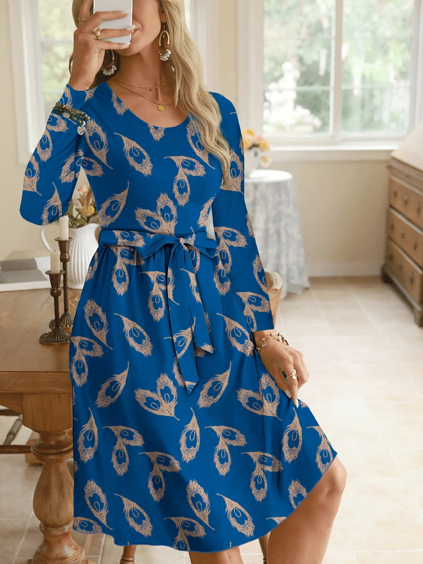 Blue Printed Fleece Belted Mid-Length Dress for Women - Image 5