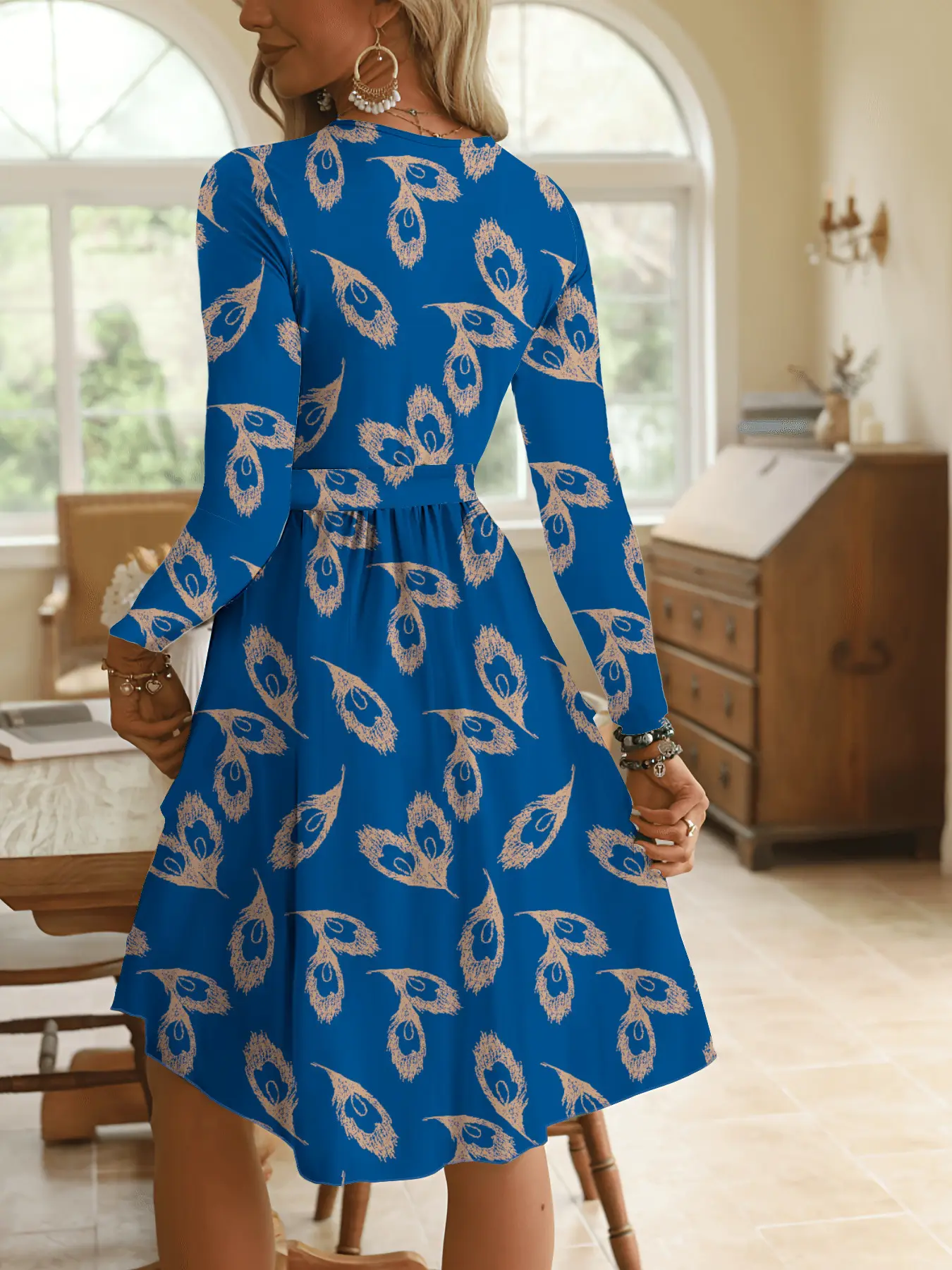 Blue Printed Fleece Belted Mid-Length Dress for Women — feature 6