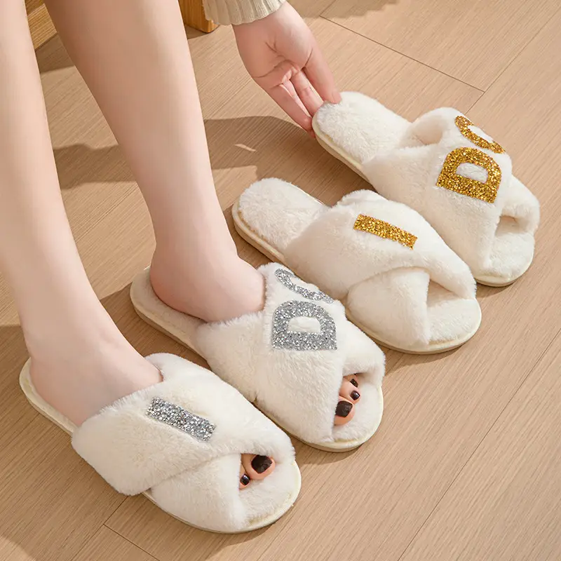 Plush slippers women IDO pearl wedding bachelor party fluffy slippers cross-border bridal cross-cotton slippers explosions