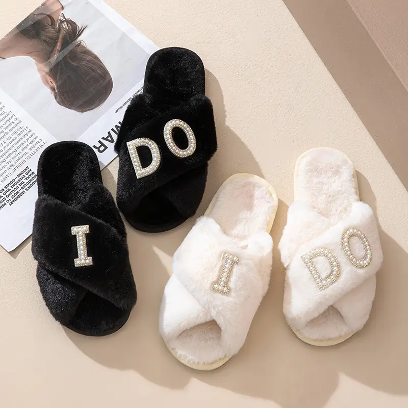 Plush slippers women IDO pearl wedding bachelor party fluffy slippers cross-border bridal cross-cotton slippers explosions