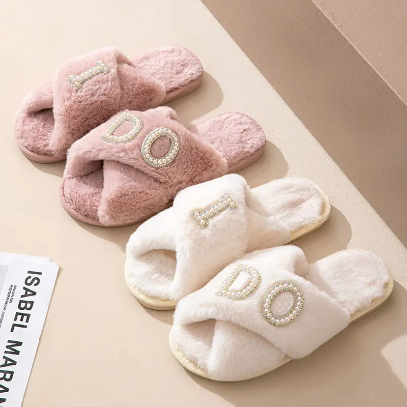 Plush slippers women IDO pearl wedding bachelor party fluffy slippers cross-border bridal cross-cotton slippers explosions