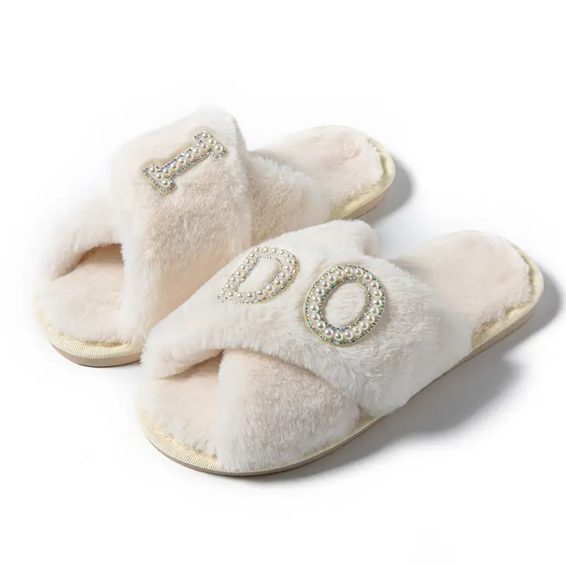 Plush slippers women IDO pearl wedding bachelor party fluffy slippers cross-border bridal cross-cotton slippers explosions