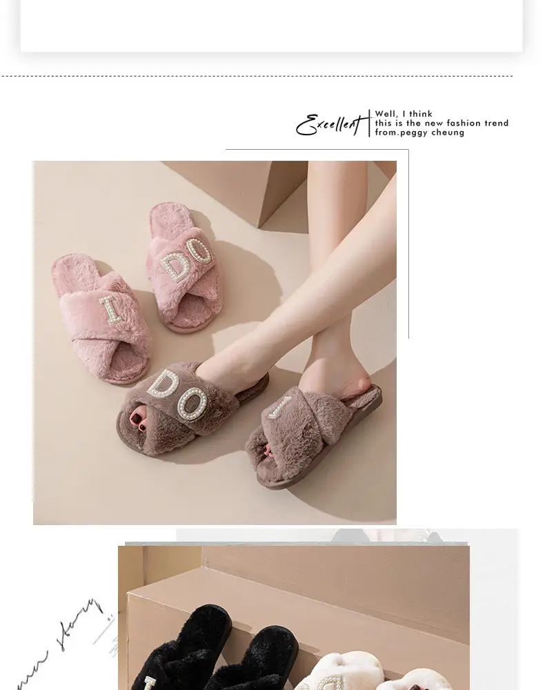 Plush slippers women IDO pearl wedding bachelor party fluffy slippers cross-border bridal cross-cotton slippers explosions — feature 10