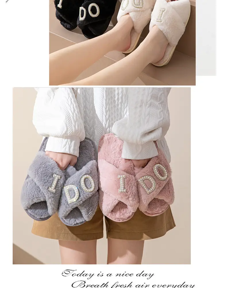 Plush slippers women IDO pearl wedding bachelor party fluffy slippers cross-border bridal cross-cotton slippers explosions — feature 11