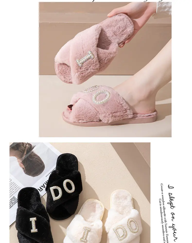 Plush slippers women IDO pearl wedding bachelor party fluffy slippers cross-border bridal cross-cotton slippers explosions — feature 12