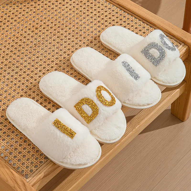 Plush slippers women IDO pearl wedding bachelor party fluffy slippers cross-border bridal cross-cotton slippers explosions — feature 15