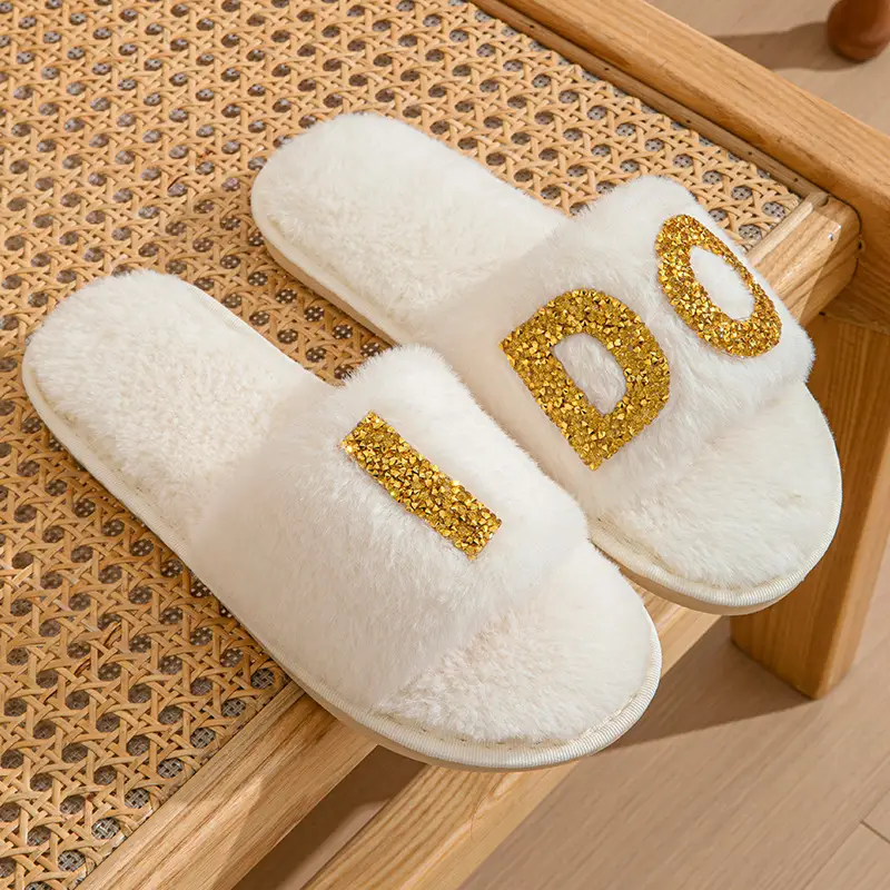 Plush slippers women IDO pearl wedding bachelor party fluffy slippers cross-border bridal cross-cotton slippers explosions — feature 16