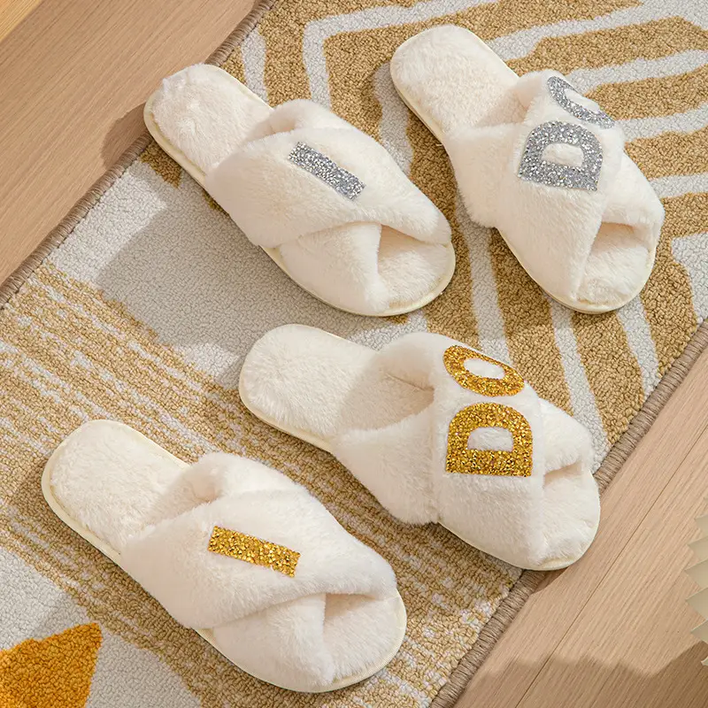 Plush slippers women IDO pearl wedding bachelor party fluffy slippers cross-border bridal cross-cotton slippers explosions — feature 18